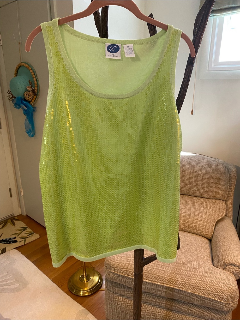 Diane Gilman Lime Green Sequin Tank Top - Women's XL. NWT